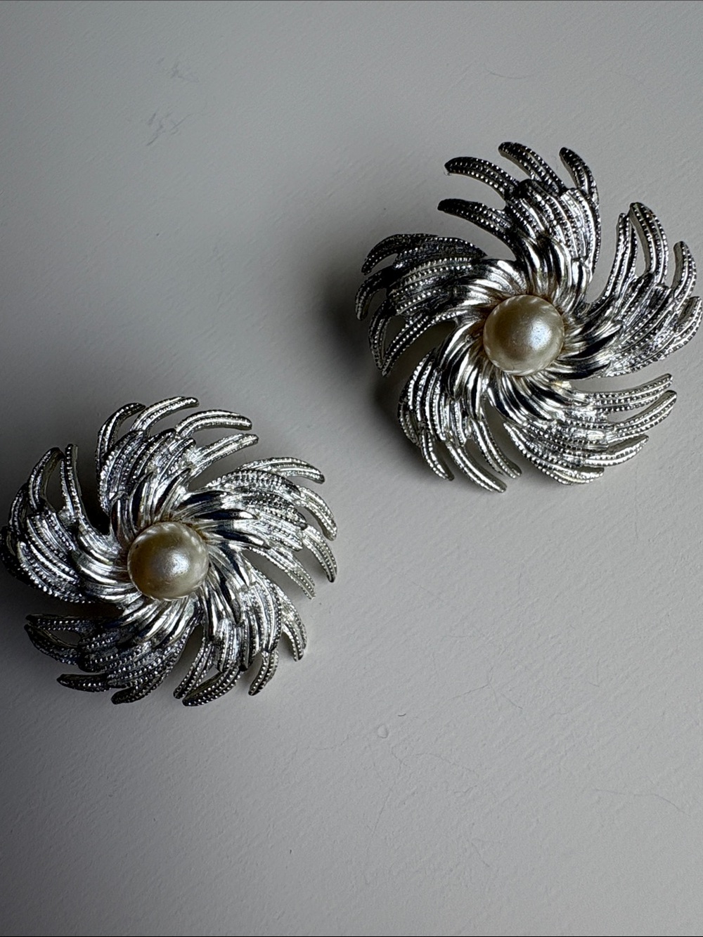 Vintage Sarah Coventry Silver Tone Swirl and Faux Pearl Clip On Earrings